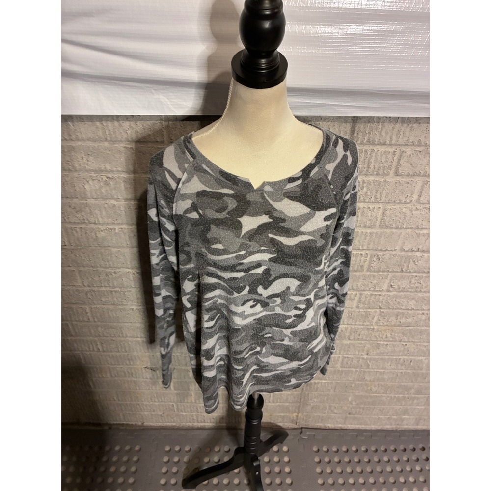 Michael Stars Womens Grey Camo Print Notched V-Neck Raglan Long Sleeve Top Small